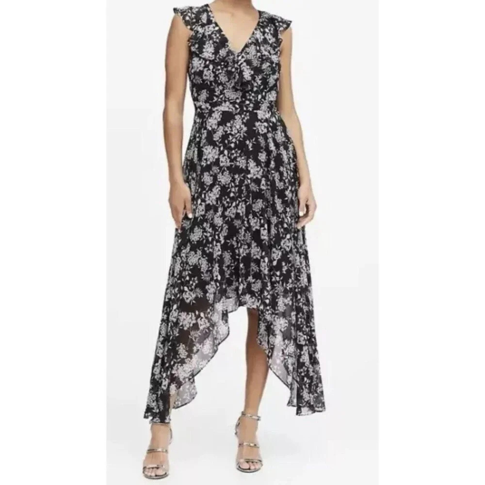 Banana Republic Ruffle Chiffon‎ Floral Print V Neck Hankerchief Dress Size 4